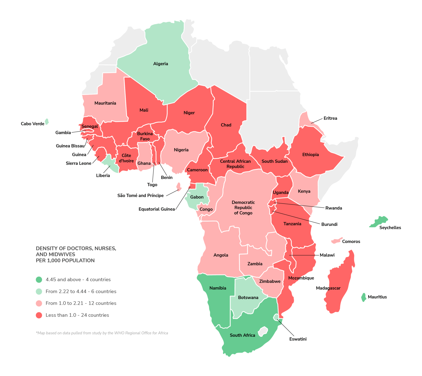 Map of Africa portraying medically underserved areas, with an extreme shortage of healthcare workers in Subsaharan and East-African countries. Map of Africa portraying medically underserved areas, with an extreme shortage of healthcare workers in Subsaharan and East-African countries.