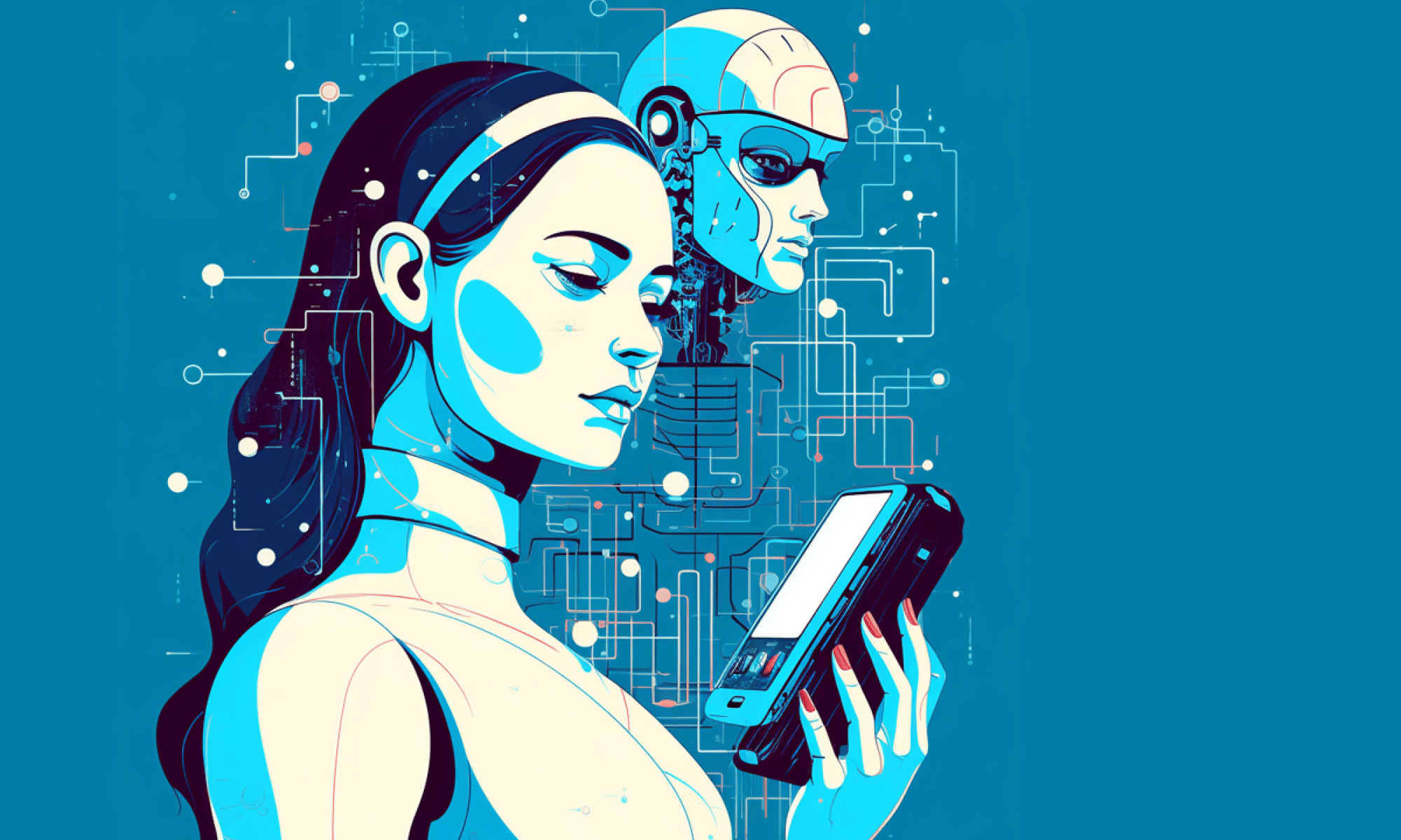 Girl using a chatbot to seek medical advice, while a robot in the background represents AI Girl using a chatbot to seek medical advice, while a robot in the background represents AI
