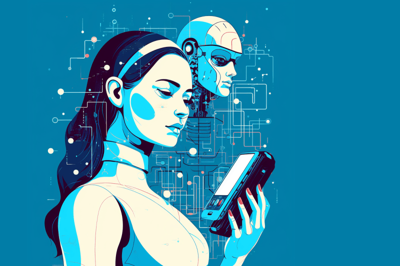 Girl using a chatbot to seek medical advice, while a robot in the background represents AI Girl using a chatbot to seek medical advice, while a robot in the background represents AI
